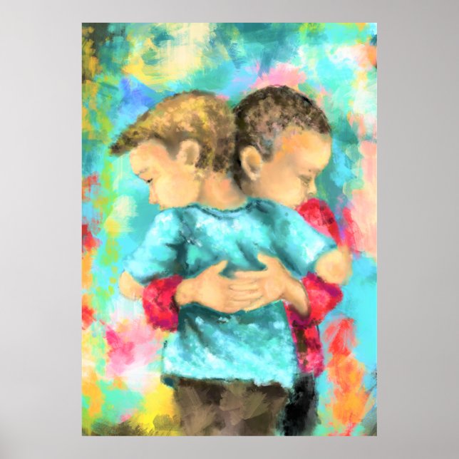 Poster Amizade - Crianças Hugging - Paz Amor - Pintura (Frente)