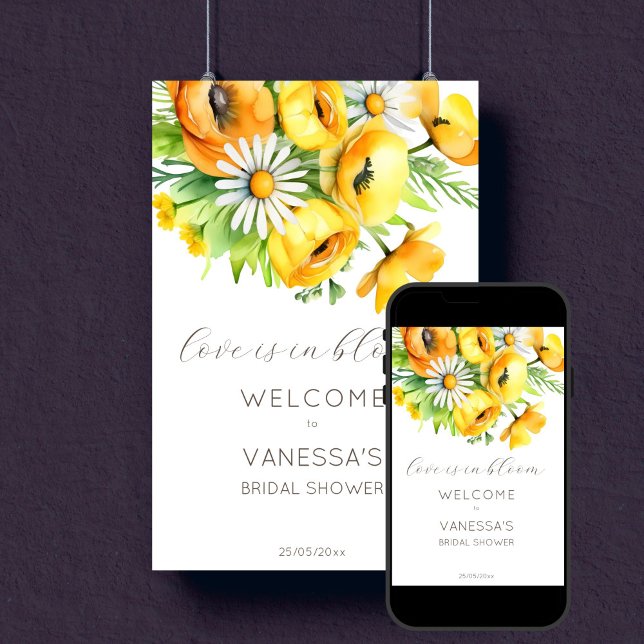 Poster Amor com chá de panela de verão florescente bem-vi (Love in bloom spring summer flowers bridal shower template welcome sign poster digital download)