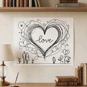 Poster Amor Coração com Linhas Desenhadas à Mão