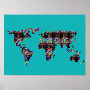 Pôster amor corações mundo-mapa turquesa