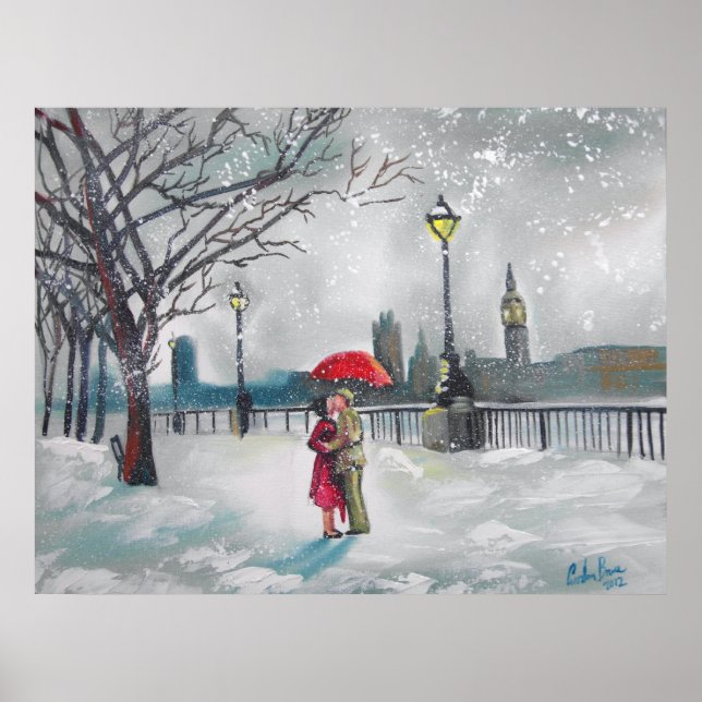 Poster Amor de inverno neve Londres Tames Big Ben pintura (Frente)