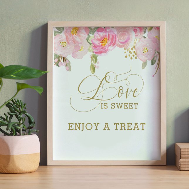 Poster Amor é Doce Caligrafia Rosa Floral em Dourado (Love is Sweet candy table sign from my Pink and Gold Watercolor Floral Collection)