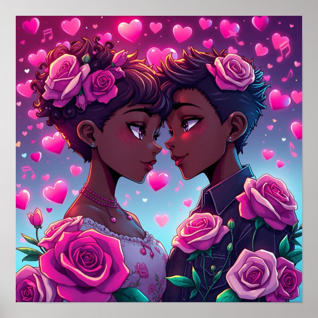 Poster Amor LGBT | Casal Africano-Americano de Animes (Frente)