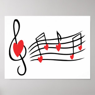 PÔSTER AMOR MÚSICA DE MÚSICA NOTAS DE VERMELHO NEGRO VE