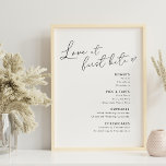 Poster Amor no Primeiro Bite Desserts Menu Sinal<br><div class="desc">Cartaz de poster do menu sobremesas de casamento personalizado com a caligrafia elegante "Love at first bite" com design branco e preto moderno.</div>