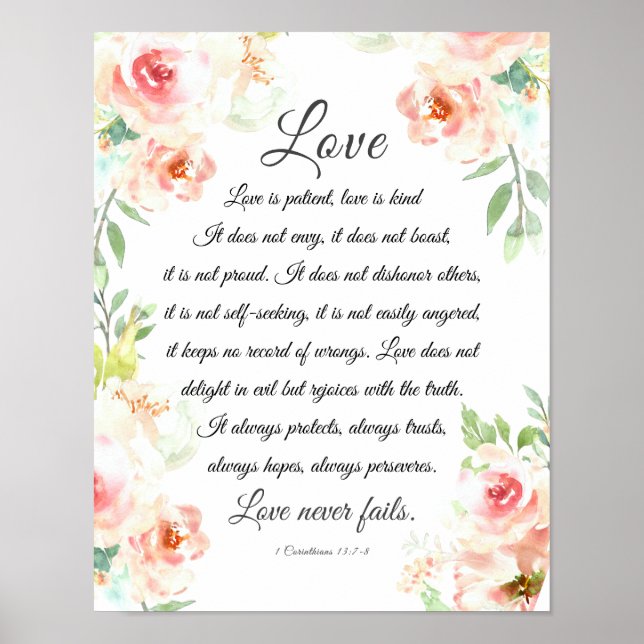 Poster Amor Nunca Falha Bíblia Verse Blush Floral Casamen (Frente)