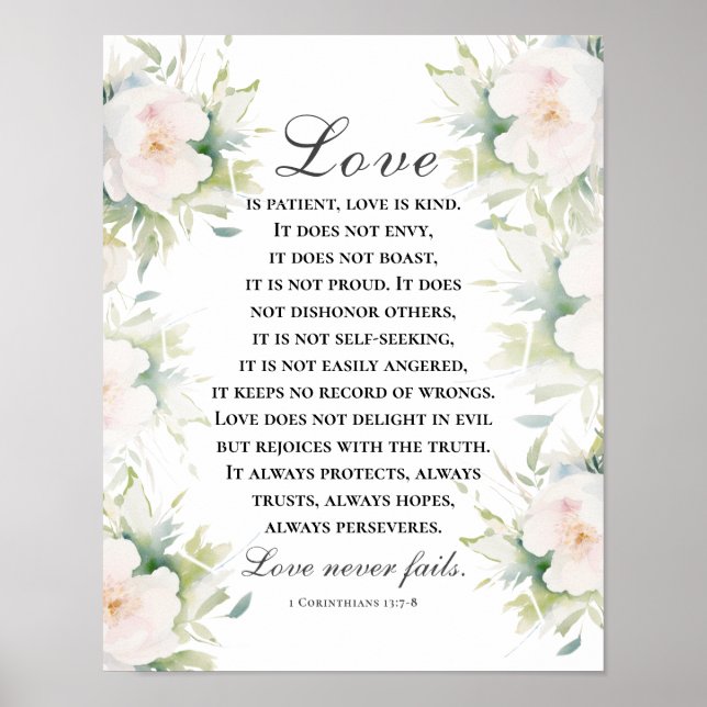 Poster Amor Nunca Falha Bíblia Verso Elegante Branco Flor (Frente)