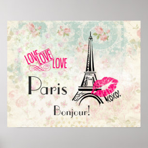 Pôster Amor Paris com Torre Eiffel em Padrão Vintage