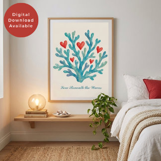 Poster Amor Sob as Ondas Corações de Coral Arte de Dia do
