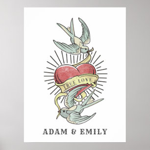 Poster Amor verdadeiro  Aves de tatuagem com coração
