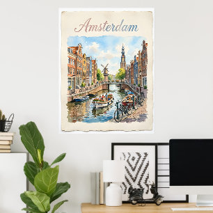 Poster Amsterdã Holanda aquarela
