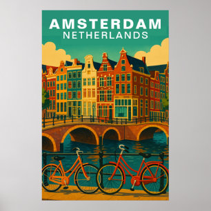 Poster Amsterdã Holanda Canais & Bicicleta Vintage