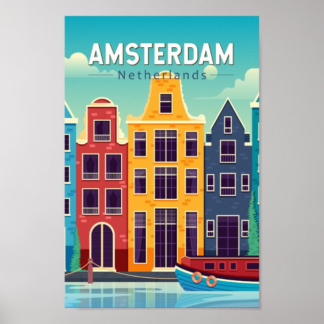 Poster Amsterdã Holanda Colorful Houses Viagem Retro (Frente)