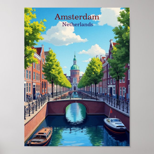 Poster Amsterdã Holanda Ilustração Gouache Viagem (Frente)