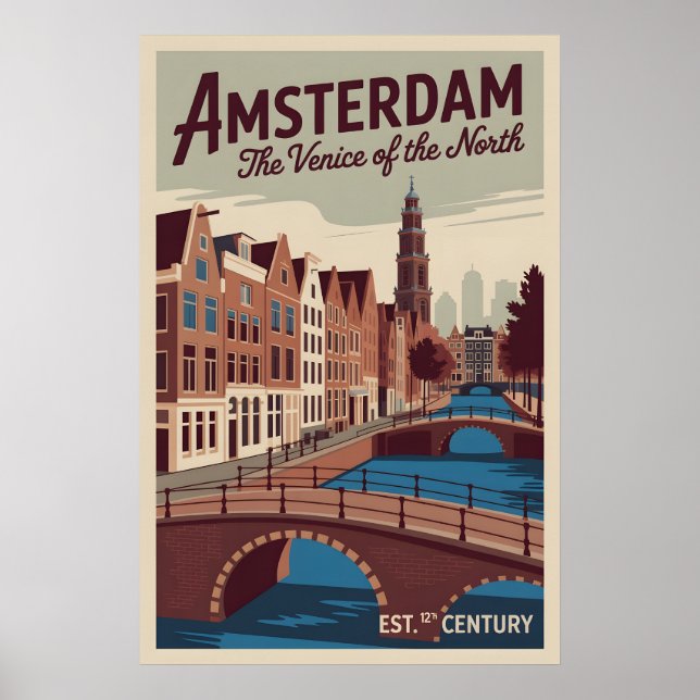 Poster Amsterdã Holanda Paisagem Aérea Retro Viagem (Frente)