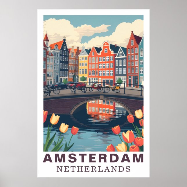Poster Amsterdã Holanda Viagem Bicicletas Tulipa (Frente)