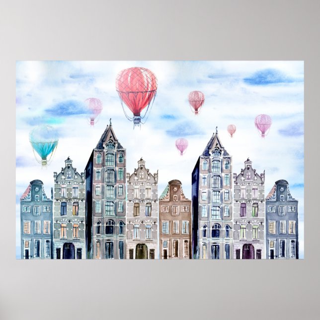 Poster Amsterdam with hot air balloon (Frente)