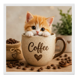 Pôster Amuleto de Gatinho na Xícara de Café