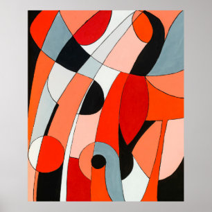 Poster An abstract painting of curved black, white and re