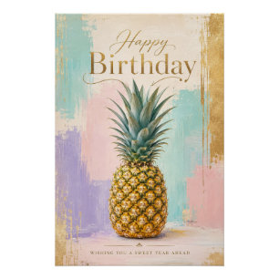 Pôster Ananás Dourado Aniversário Tropical