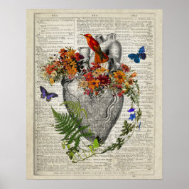 Poster Anatomia cardíaca com flores borboletas Hummingbir