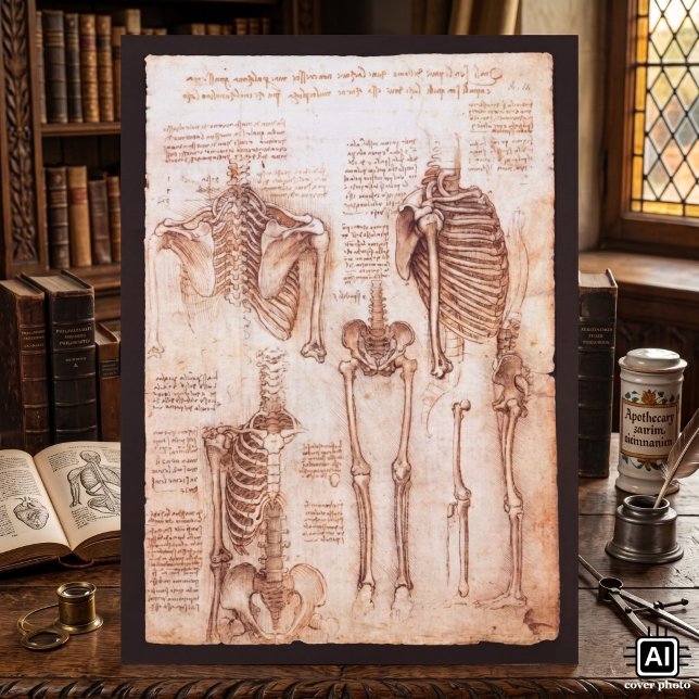 Pôster Anatomia Humana Esqueleto Ossos por Leonardo da Vi (Human Anatomy Skeleton Bones by Leonardo da Vinci is a Renaissance Era medical sketch.)
