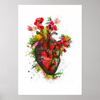 Poster Anatomical heart with flowers, floral heart
