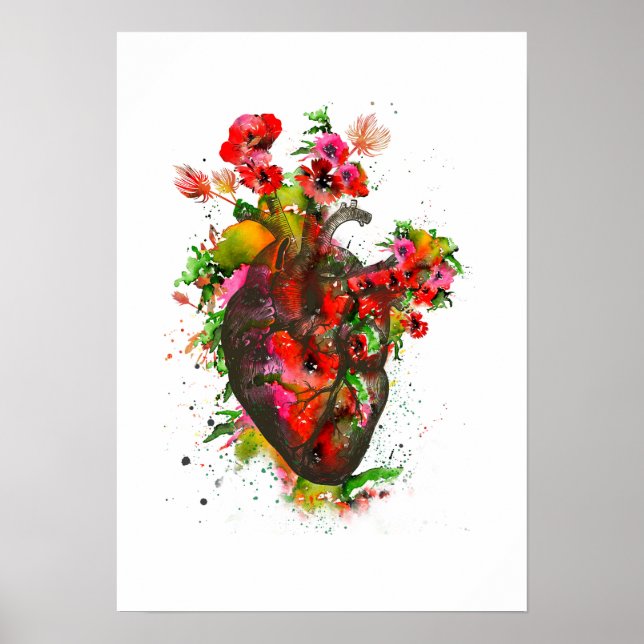 Poster Anatomical heart with flowers, floral heart (Frente)