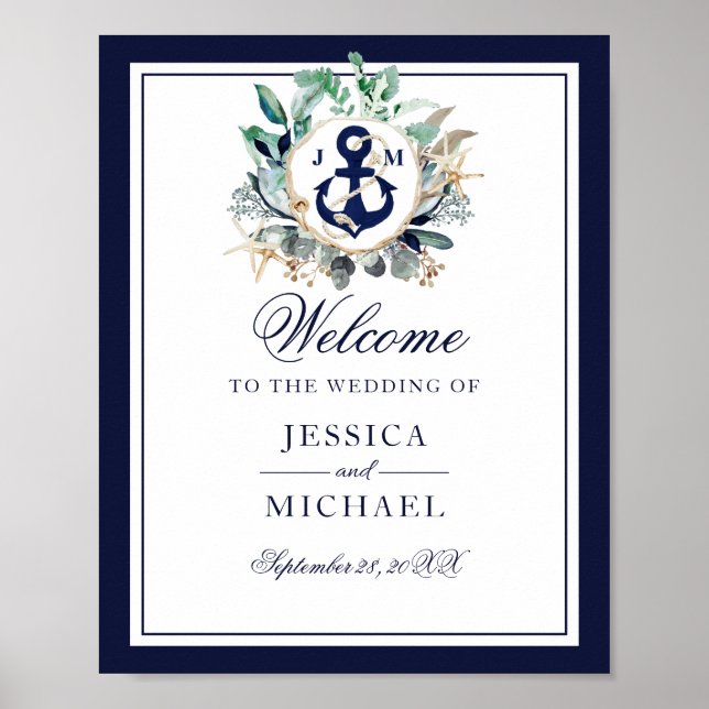 Poster Anchor Monograma Greenery Wreath Wedding Welcome (Frente)
