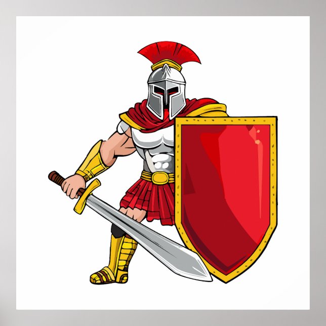 Poster Ancient warrior with sword and shield in helmet an (Frente)