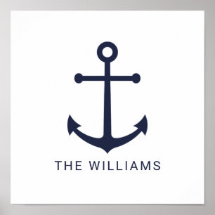 Poster Âncora Azul do Marinho Náutico e Nome Personalizad