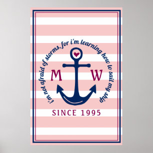Poster Âncora Coração Listras Rosa Logotipo Monograma Náu