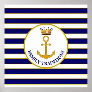 Poster Âncora da coroa e do Ouro em azul e branco