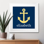 Poster Âncora Náutica com Padrão de Cevão Amarelo Marinho<br><div class="desc">Padrões de tendências e pré-disquetes - Um design clássico e elegante com cavaleiros e uma área para adicionar seu nome ou monograma.</div>