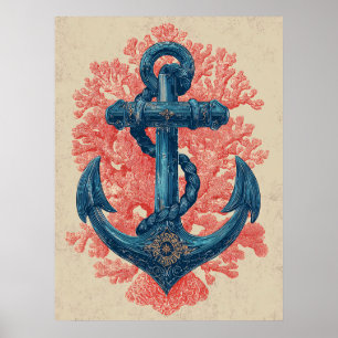 Poster Âncora Náutica Vintage com Coral