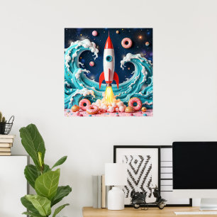 Poster Andar pelo foguete através de Rosquinhas e planeta