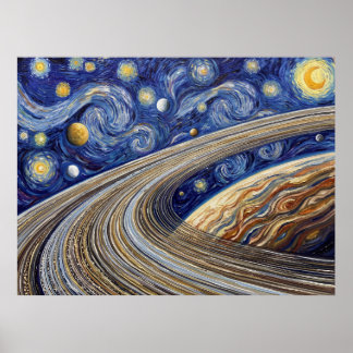 Poster Anéis do Planeta Saturno Paisagem Noturna Estrelad