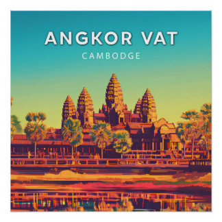 Pôster Angkor Vat, Cambodge, Poster style rétro-chic
