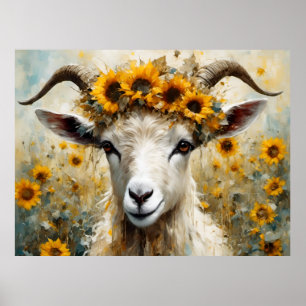Poster Angora Goat Adorável nos Campos de Girassol
