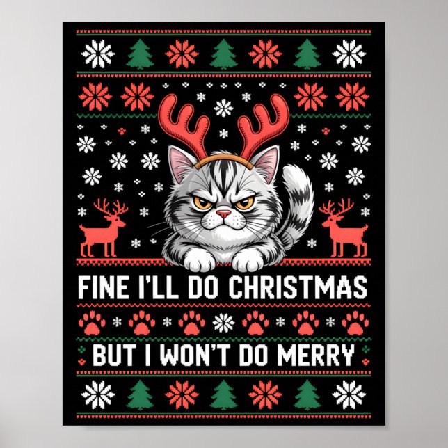 Poster Angry Antler Cat Funny Xmas Ugly Sweater Long Slee (Frente)