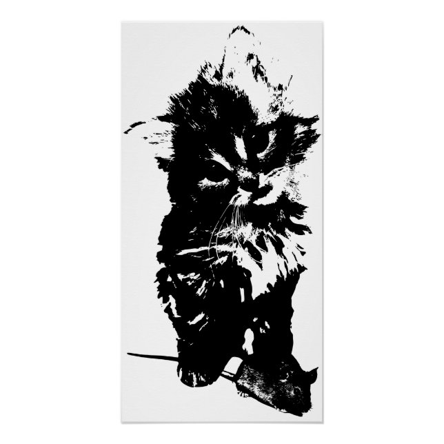 Pôster Angry Cat with Mouse Art Print | Minimalist Black  (Frente)