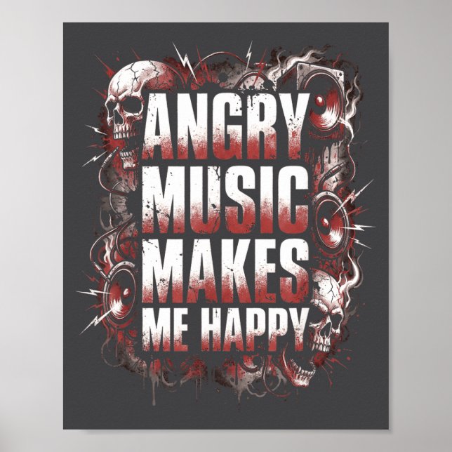 Poster Angry Music Makes Me Happy Heavy Metal Skull Rock  (Frente)