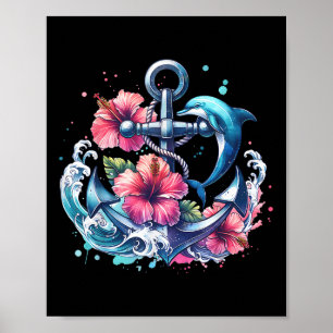 Poster Anim Marítimo Náutico Do Golfinho Ancorante Floral