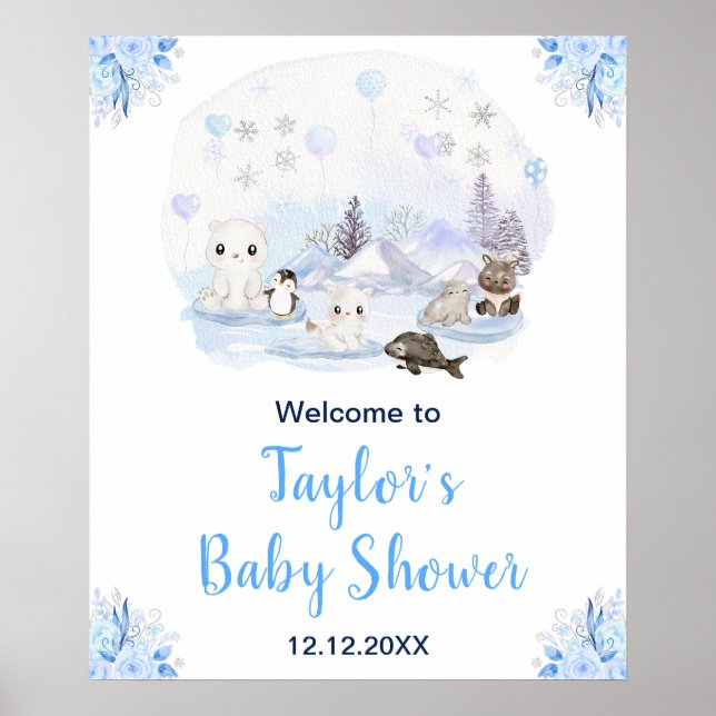 Poster Animais Árticos de Inverno Chá de Bebê Bem-vindo (Frente)