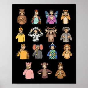 Poster Animais ASL Gesto de Mão Surda Perda de Audição Aw