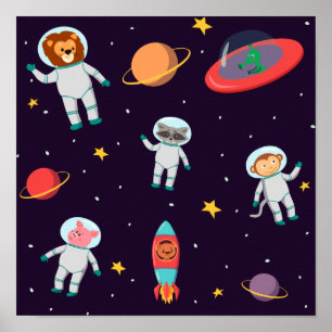 Poster Animais Astronautas No Padrão Espacial I