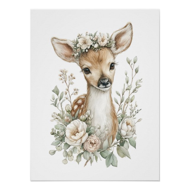 Pôster Animais Bebês Fofo em Aquarela com Flores (Frente)