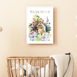 Poster Animais Bebês Fofos E Casa Feliz Texto Colorido