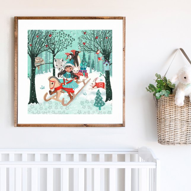 Poster Animais Cachorros Maravilha Maravilha Raparigas Fl (Cute Animals Winter Wonder Woodland Forest Girls Poster)