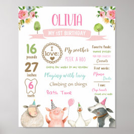 Poster Animais da Fazenda Aniversário de Um Ano Menina Ma